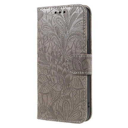 Protective Flip Case for Samsung Galaxy Everyday Use - gray floral embossed wallet case with magnetic closure