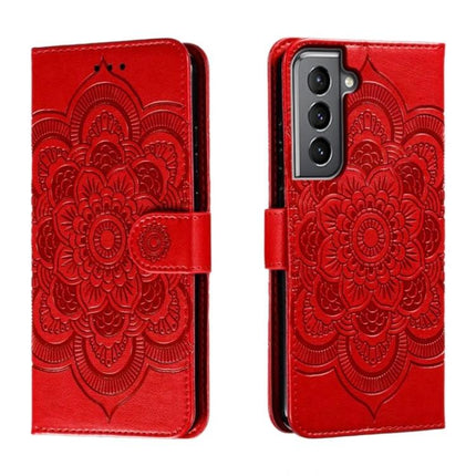 Sun Mandala Leather Case For Samsung Phones - red PU leather wallet case with embossed sun mandala, built-in stand and camera cutout