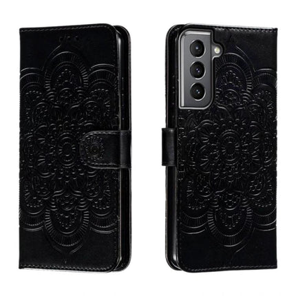 Sun Mandala Leather Case For Samsung Phones - black PU leather folio with embossed sun mandala, magnetic clasp and built-in stand, showing front and back views