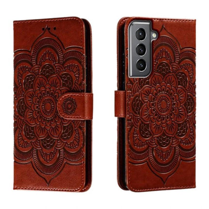 Sun Mandala Leather Case For Samsung Phones - brown PU leather folio with embossed sun mandala, magnetic clasp and built-in stand for protection and hands-free use