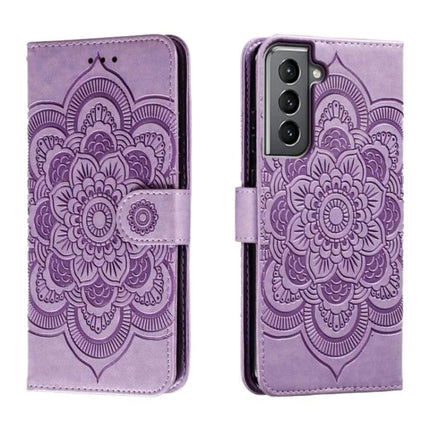 Sun Mandala Leather Case For Samsung Phones in purple PU leather wallet case with embossed sun mandala and built-in stand
