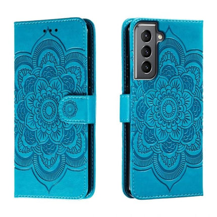 Sun Mandala Leather Case For Samsung Phones in turquoise PU leather with embossed sun mandala, built-in stand and camera cutout