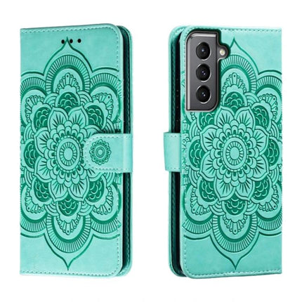 Sun Mandala Leather Case For Samsung Phones in teal PU leather with embossed sun mandala, built-in stand and camera cutout