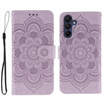 Sun Mandala Leather Case For Samsung Phones in lilac faux leather with mandala design, built-in stand and wrist strap