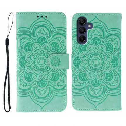 Sun Mandala Leather Case For Samsung Phones in mint green PU leather with embossed sun mandala design, wallet folio with stand and wrist strap