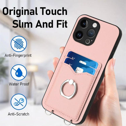 Phone Case With Card Holder For Daily Use - slim pink PU TPU phone case with two card slots and ring stand