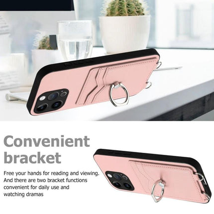 Phone Case With Card Holder For Daily Use - pink PU TPU wallet case with ring bracket and two card slots for hands-free viewing