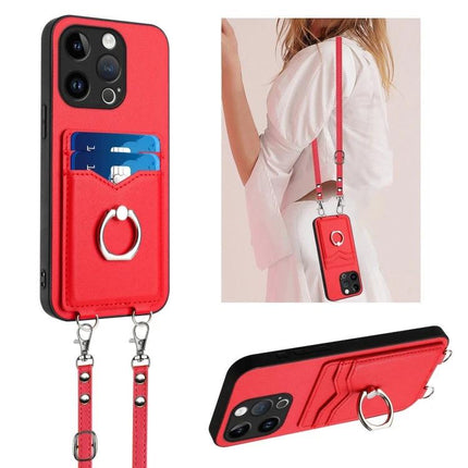 Phone Case With Card Holder For Daily Use - red PU wallet case with ring, two card slots, strap and kickstand for hands-free use