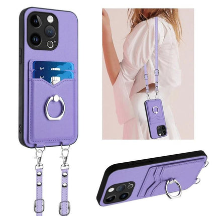Phone Case With Card Holder For Daily Use purple PU TPU wallet case with ring stand strap and two card slots