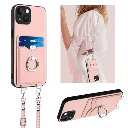 Phone Case With Card Holder For Daily Use - pink PU leather wallet case with two card slots, ring stand and crossbody strap for hands-free convenience