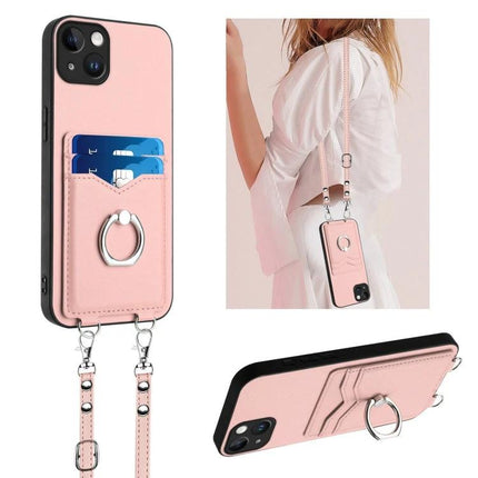 Crossbody Rope Phone Case With Card Slots For Daily Errands - pink hands-free phone case with adjustable rope, 2 card slots and ring stand