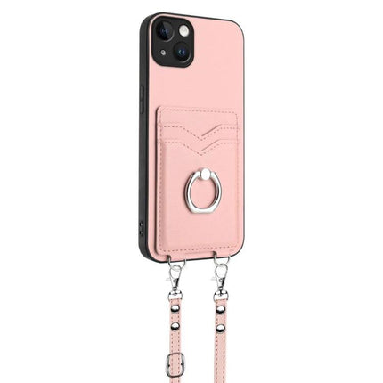 Crossbody Rope Phone Case With Card Slots For Daily Errands - pink leather look with ring grip, two card slots and adjustable rope strap