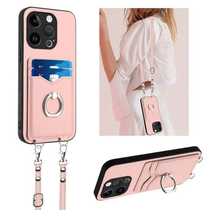 Crossbody Rope Phone Case With Card Slots For Daily Errands - pink crossbody phone case with card slots, ring holder and adjustable rope for hands-free errands