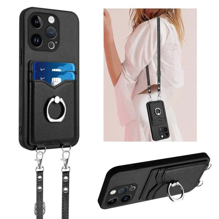 Crossbody Rope Phone Case With Card Slots For Daily Errands — black crossbody phone case with card slots, ring holder and adjustable rope for hands-free use