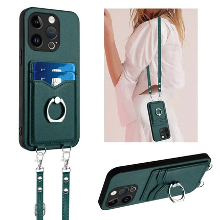 Crossbody Rope Phone Case With Card Slots For Daily Errands shown in green with card slots, ring grip and adjustable rope strap for hands-free use
