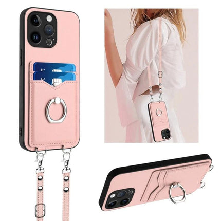 Crossbody Rope Phone Case With Card Slots For Daily Errands in pink with adjustable rope, ring holder and built-in card slots for hands-free outings