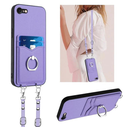 Phone Case With Strap For Daily Essentials And Card Carrying On The Go For Everyday Convenience - purple PU card holder strap phone case with ring