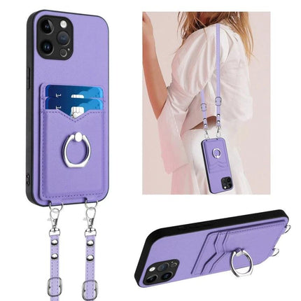 Crossbody Phone Case With Card Slots For Everyday Errands And Commuting On The Go - purple PU wallet case with strap, card slots and ring for hands-free wear