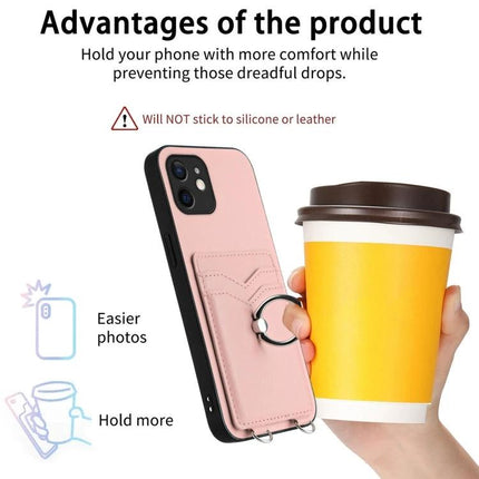 Crossbody Phone Case With Card Slots For Daily Essentials shown in pink with ring holder and card slots holding a coffee cup and phone