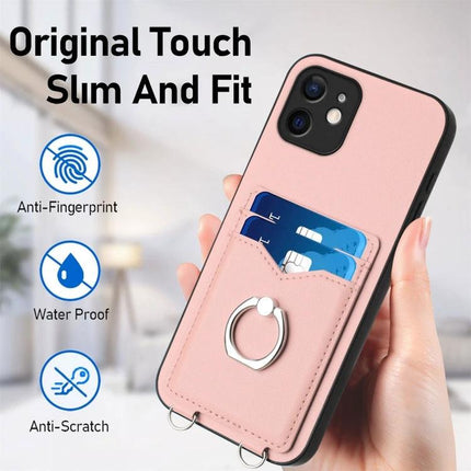 Crossbody Phone Case With Card Slots For Daily Essentials pink PU slim hands-free phone wallet with two card slots and ring holder
