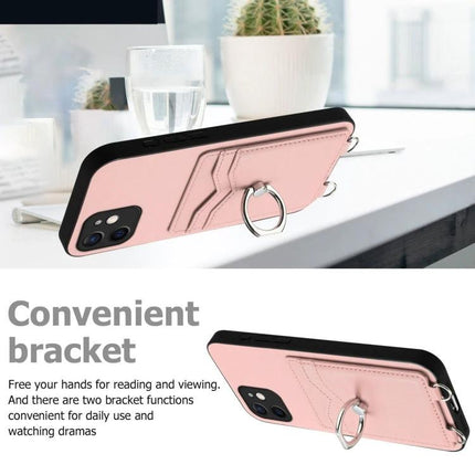 Crossbody Phone Case With Card Slots For Daily Essentials pink PU case with ring stand and two card slots shown on table