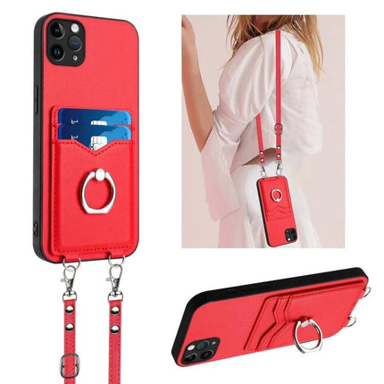 Crossbody Phone Case With Card Slots For Daily Essentials red PU hands-free phone case with card slots, ring and strap