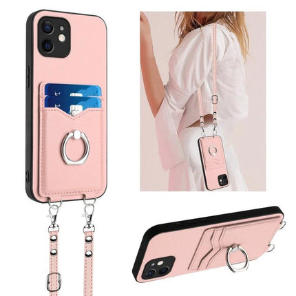 Crossbody Phone Case With Card Slots For Daily Essentials shown in pink PU with two card slots, ring holder and removable strap