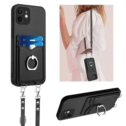 Crossbody Phone Case With Card Slots For Daily Essentials – black PU crossbody phone case with two card slots, ring grip and detachable strap
