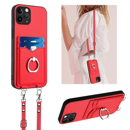 Crossbody Phone Case With Card Slots For Daily Essentials red PU crossbody phone case with ring, two card slots and detachable strap
