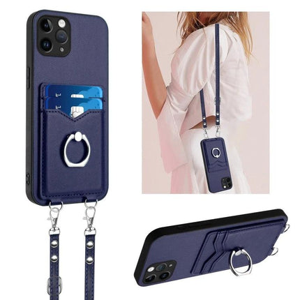 Crossbody Phone Case With Card Slots For Daily Essentials navy PU crossbody phone wallet with ring holder, two card slots and detachable strap