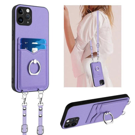 Crossbody Phone Case With Card Slots For Daily Essentials - purple PU crossbody phone case with two card slots, ring holder and detachable strap