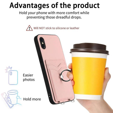 Crossbody Phone Case For Everyday Errands in pink with ring grip holding coffee cup, hands-free phone protection and easy access