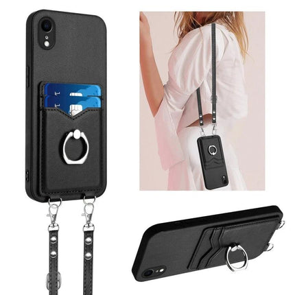Crossbody Phone Case For Everyday Errands with card pocket, ring holder and adjustable strap in black