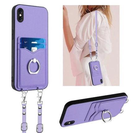 Crossbody Phone Case For Everyday Errands - lavender PU wallet case with card pocket, ring grip and adjustable strap