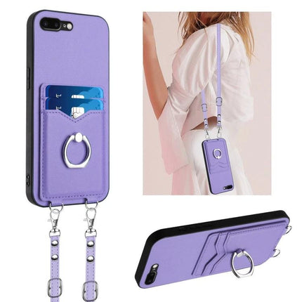 Crossbody Phone Case For Everyday Errands purple PU card pocket ring strap hands-free phone holder