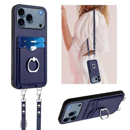 Crossbody Phone Case With Card Holder For Daily Outings navy leather sling case with ring, two card slots and detachable strap