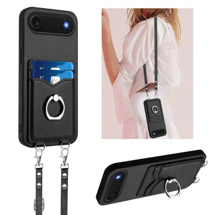 Crossbody Phone Case With Card Holder For Daily Outings - black phone case with card slots, ring, and detachable crossbody strap