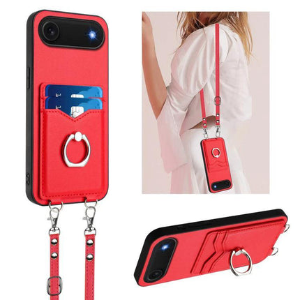 Crossbody Phone Case With Card Holder For Daily Outings - red phone case with two card slots, ring, detachable strap, and four-corner TPU protection
