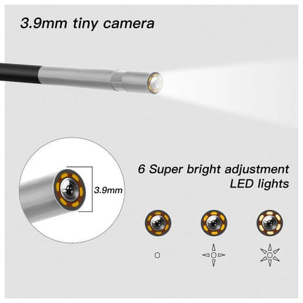 Waterproof Digital Endoscope for Inspecting Hard-to-Reach Areas showing 3.9mm camera tip with 6 adjustable LED lights and smartphone compatibility