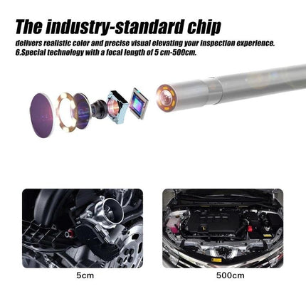 Waterproof Digital Endoscope for Inspecting Hard-to-Reach Areas showing chip breakdown, LED camera tip and 5cm–500cm focal range with engine inspection examples