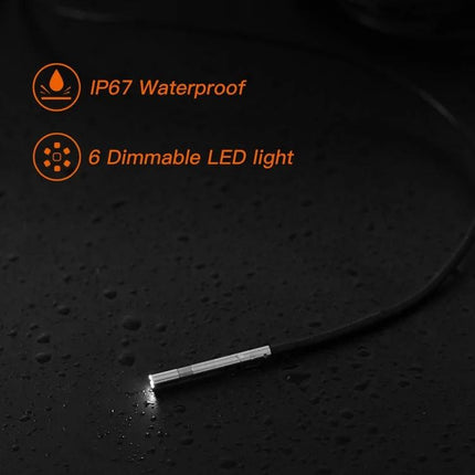 Waterproof Digital Endoscope for Inspecting Hard-to-Reach Areas showing IP67 waterproof probe with 6 dimmable LED lights on wet surface