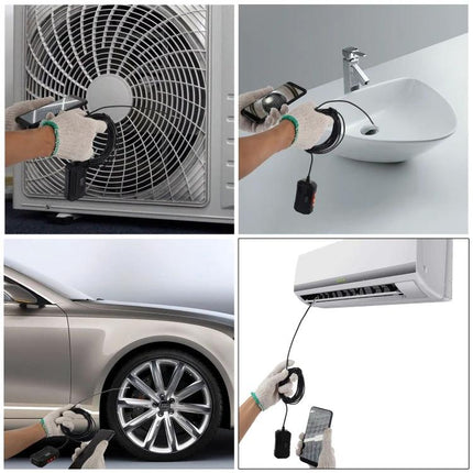 Waterproof Digital Endoscope for Inspecting Hard-to-Reach Areas showing technician using probe to inspect AC, sink drain, car wheel well and air conditioner vents