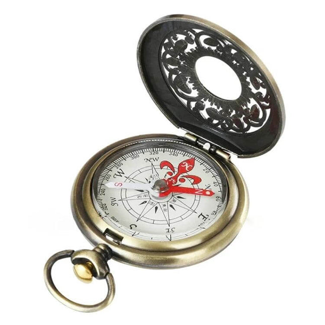 Retro Pocket Watch With Compass For Everyday Travel — antique copper zinc alloy pocket compass with ornate lid for road trips and hikes