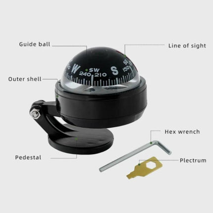 Nisa Car Compass Ball for Everyday Driving Direction Aid - floating dashboard compass with pedestal, hex wrench and plectrum, labeled parts
