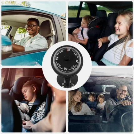 Nisa Car Compass Ball for Everyday Driving Direction Aid mounted on dashboard with family driving and children in car