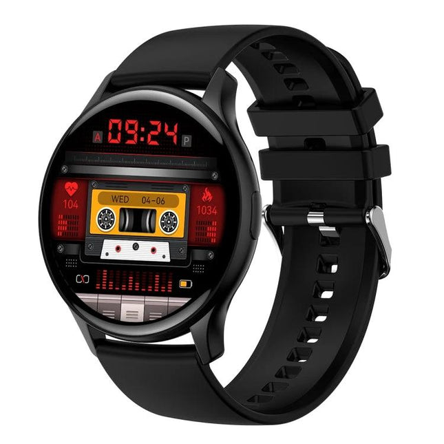 Alt Tag: HK89 Smart Watch for Tracking Daily Health and Activities with black round face showing digital time, heart rate and step icons