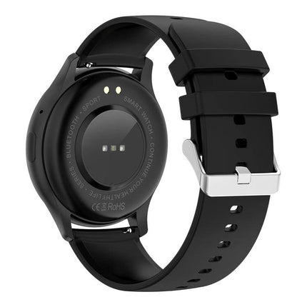 HK89 Smart Watch for Tracking Daily Health and Activities rear view showing heart rate sensor and black silicone strap