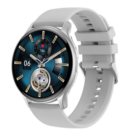 HK89 Smart Watch for Tracking Daily Health and Activities - silver round smartwatch showing heart rate, steps and sleep tracking on blue dial