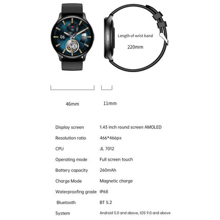 HK89 Smart Watch for Tracking Daily Health and Activities - black round AMOLED display, 46mm case, 220mm band, heart rate, sleep, steps tracking