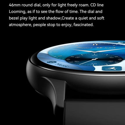 HK89 Smart Watch for Tracking Daily Health and Activities showing 46mm round blue dial, black case and strap close-up with health tracking icons